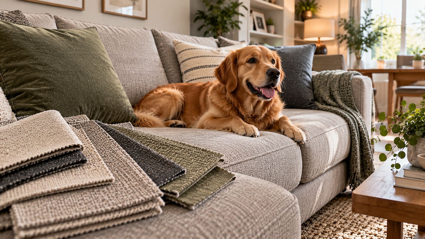 Golden retriever resting on a cream vinyl leatherette sofa with smooth upholstery and decorative cushions.