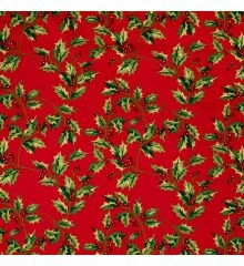 Christmas Print 100% Organic Cotton Poplin Fabric-Holly - Red