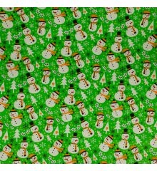 Christmas Print 100% Organic Cotton Poplin Fabric-Christmas Snowman - Green