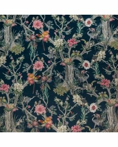 Tropical Digital Printed Plush Velvet Curtain Upholstery Fabric-Chinoiserie - Midnight-1 Metre Length