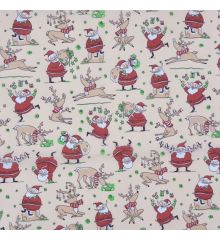Christmas Polycotton Crafting Fabric 112cm Wide 40+ Designs-Christmas Dancing Santa Reindeer - Cream
