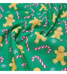 Christmas Polycotton Fabric - Christmas Gingerbread Cane-Green