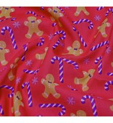 Christmas Polycotton Fabric - Christmas Gingerbread Cane-Red