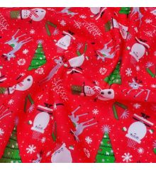 Christmas Polycotton Fabric - Santa & Snowman-Red
