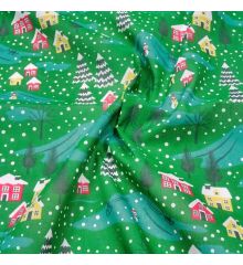 Christmas Polycotton Fabric - Christmas Town-Green