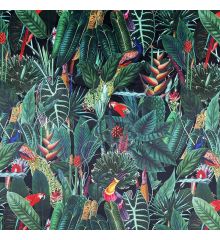 Tropical Digital Printed Plush Velvet Curtain Upholstery Fabric - Rainforest-Black-1 Metre