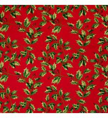 Christmas Print 100% Organic Cotton Poplin Fabric-Holly - Red