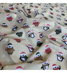 Christmas Polycotton Crafting Fabric 112cm Wide 40+ Designs-Penguins in Jumpers - Camel