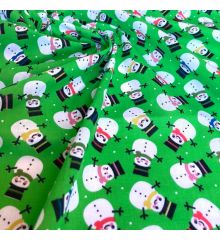 Christmas Polycotton Crafting Fabric 112cm Wide 40+ Designs-Smiling Christmas Snowmen - Green