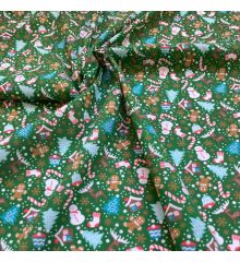 Christmas Polycotton Fabric - Gingerbread and Snowmen-Green