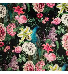 Tropical Digital Printed Plush Velvet Curtain Upholstery Fabric - Peacock Blossom-Black-1/2M