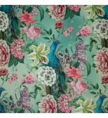 Tropical Digital Printed Plush Velvet Curtain Upholstery Fabric - Peacock Blossom-Duck Egg-1M