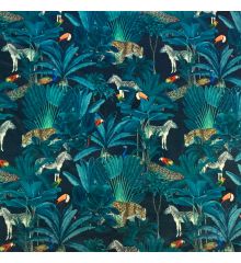 Tropical Digital Printed Plush Velvet Curtain Upholstery Fabric - Royal Palm-Midnight-1 Metre